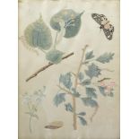 An embroidered silk picture of a caterpillar, butterfly and sprigs, late 18th or early 19th c,