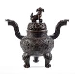 A Chinese bronze censer, the domed cover surmounted by dog of Fo, 38cm h, Qianlong mark Good