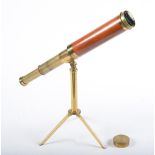 A 2" brass refracting telescope, G Davis Leeds, 4-draw with mahogany tube, lens cap, on brass