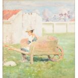 John MacWhirter RA, RSW (1839-1911) - Girl on a Wheelbarrow with a White Rabbit, signed with