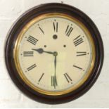 A mahogany stained wall clock, early 20th c, with painted dial and bell striking movement, pendulum,