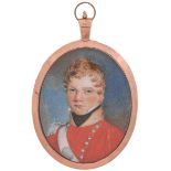 English School, early 19th c - Portrait miniature of an Officer, in scarlet tunic with black