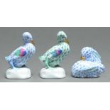 Three Herend models of pair of miniature seated rabbits and two miniature ducks, in green and blue