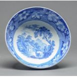A blue printed earthenware The Cow Man pattern bowl, c1830, 27.5cm diam Good condition