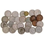Silver coins. United Kingdom florin period 1920-46, florin (5) and miscellaneous base metal coins