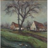 Maurice van Middel (1886/97-1952) - White Houses by a Stream, signed, oil on board, 39 x 39cm Good