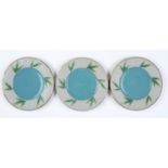 A set of three George Jones basket moulded majolica plates, c1870, with turquoise centre, the back