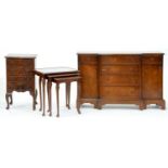 A breakfront mahogany side cabinet, 75cm h; 33 x 115cm, a mahogany nest of tables and a dwarf