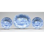 A Minton blue printed earthenware Italian Ruins pattern dish and two soup plates, c1825, dish 37.