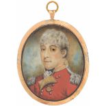 English School - Portrait miniature of an Officer, in red tunic with epaulettes and a medal, sky