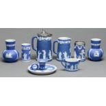 A group of Wedgwood and Adams dark blue jasper dip jugs and other articles, c1900, to include a hand