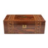 A Victorian walnut writing box, with coloured straw banded decoration, fitted interior, 50cm l