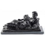 A bronze sculpture of two reclining figures, 20th c, black patina, 36cm l, slate base