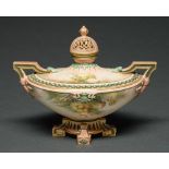A Hadley's Worcester oval pot pourri vase and a cover, 1900-1902, painted with yellow