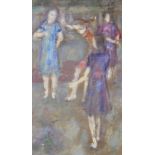 British School, 20th c - Four Girls, oil on canvas laid on board, 27 x 15.5cm ConditionGood