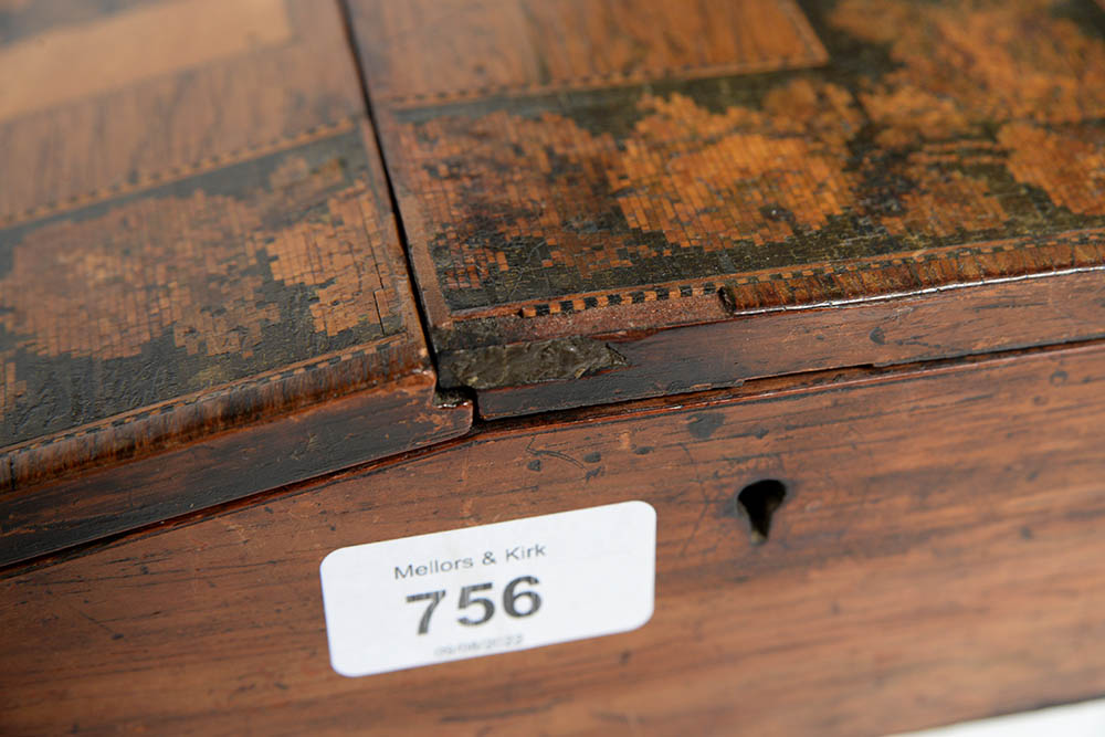 A Victorian Tunbridge ware slope front writing box, decorated with a view of Eridge Castle in - Image 5 of 14