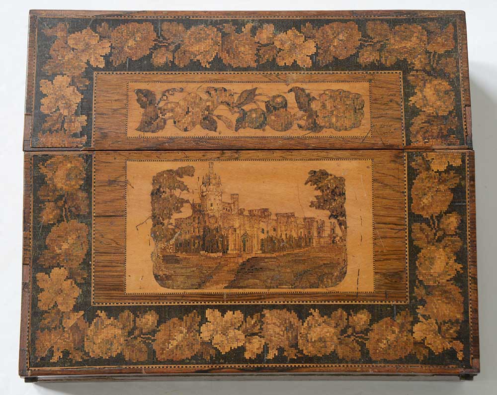 A Victorian Tunbridge ware slope front writing box, decorated with a view of Eridge Castle in - Image 13 of 14