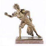 A bronze statuette of a barefoot youth casting a stone, late 19th c, on later associated marble