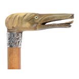 A Victorian silver mounted malacca cane, the horn handle carved as the head of a greyhound with