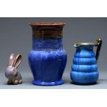 A Bourne Denby Orient ware model of a rabbit and an Electric Blue glazed jug, c1925, jug 19cm h,