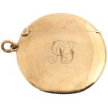 A George V 9ct gold round vesta case, 46mm diam, by Deakin & Francis Ltd, Birmingham 1911, 17.5g