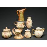 A Royal Worcester shell-on-dolphin and six vases and jugs, c1900, various sizes, printed marks