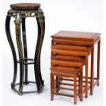 A South East Asian polychrome lacquer stand, 20th c, 101cm h and a hardwood nest of tables