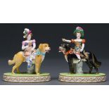 A pair of Minton figures of Peace and War, c1825-1835, as a boy or girl on the back of a dog,