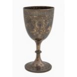 A Victorian silver goblet, engraved with flowers, on beaded foot, 16.5cm h, by Holland,