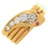 A diamond serpent ring, with ruby eyes, in gold marked 18ct, 11.7g, size Y ConditionLight wear