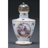 A silver gilt mounted German porcelain sent bottle, late 19th c, of fluted vase shape, painted to