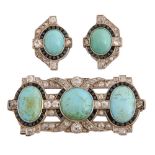 An art deco diamond, turquoise and sapphire brooch and earrings, second quarter 20th c, with calibre