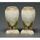 A pair of Grainger's Worcester reticulated vases, c1890, on three bronzed grotesque feet, 15cm h,