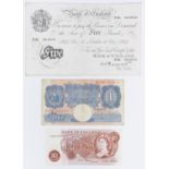 Banknotes. Bank of England, Peppiatt white £5 E86, 11 December 1944, 10s blue C-H and Fforde 10s
