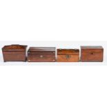 Three Victorian rosewood, mahogany and walnut tea chests and a Victorian rosewood work box,