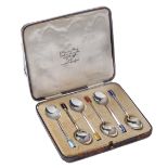 A harlequin set of six art deco silver and guilloche enamel coffee spoons, by Turner & Simpson