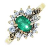 An emerald and diamond cluster ring, in gold, marks rubbed, 2.7g, size M ConditionLight wear