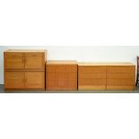 A teak laminate cupboard and two chests of drawers en suite, c1980, one 102cm h; 49 x 99cm