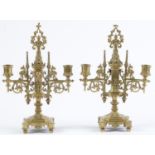 A pair of Victorian brass gothic twin branch candelabra, c1870, 30cm h Condition