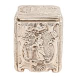 A Victorian silver chinoiserie tea caddy, the lid and sides with indent corners and crisply chased