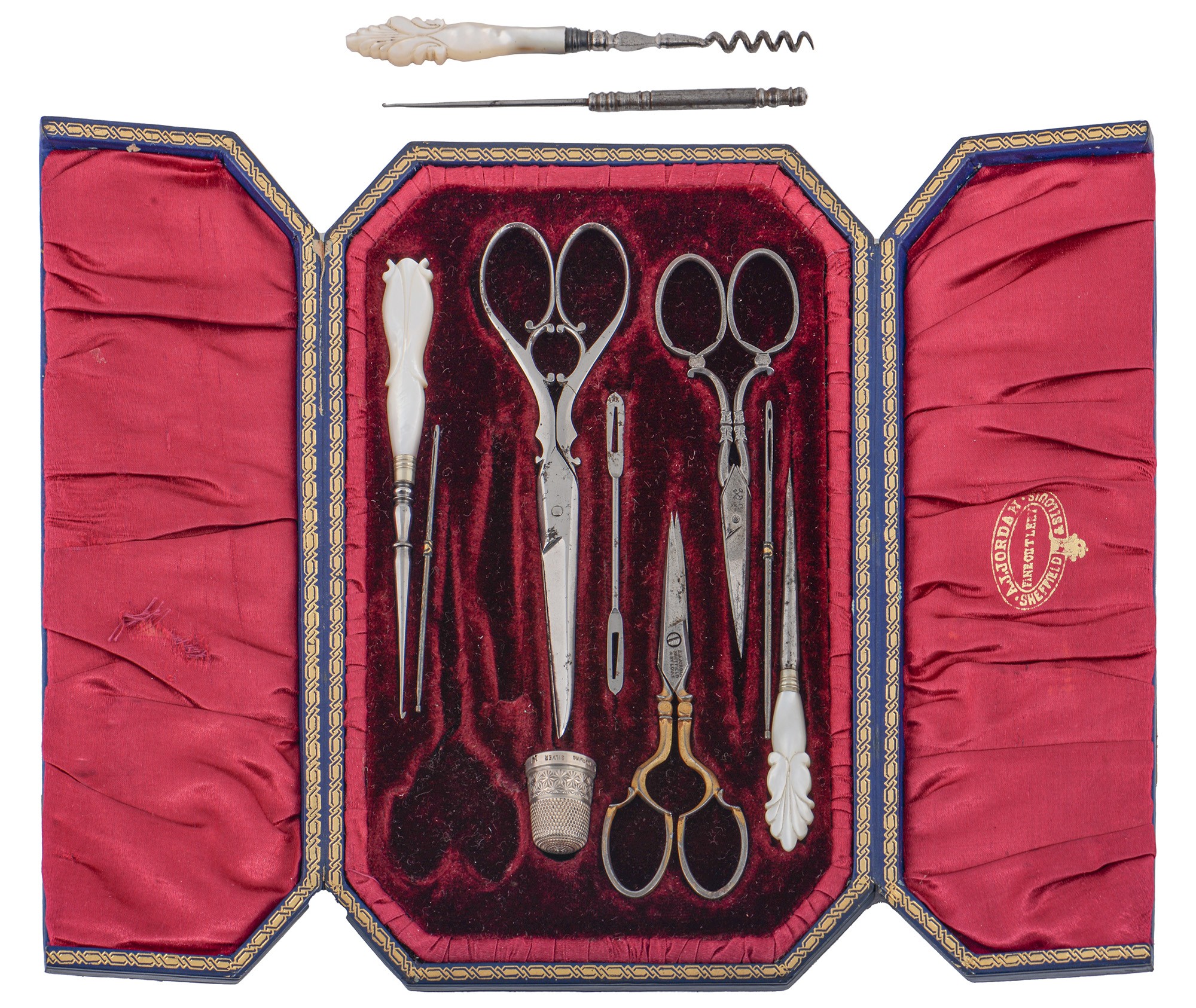 Needlework tools. A composed set of Victorian mother of pearl handled burnished steel sewing tools