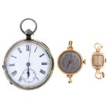 A Swiss silver lever watch, late 19th c, 50mm diam and two 9ct gold lady's wristwatches, one on