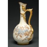 A Royal Worcester scale moulded ewer, 1888, with gilt chilong handle and decorated in pale blue
