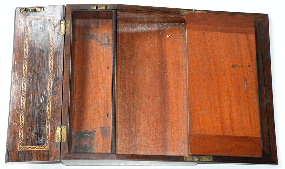 A Victorian Tunbridge ware slope front writing box, decorated with a view of Eridge Castle in - Image 12 of 14