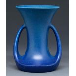 A Pilkington's Royal Lancastrian blue eggshell glazed vase, c1930, of two handled, spool shape, 21cm