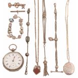 An English silver lever watch, with enamel dial, 52mm, Chester 1900, two silver watch fobs and