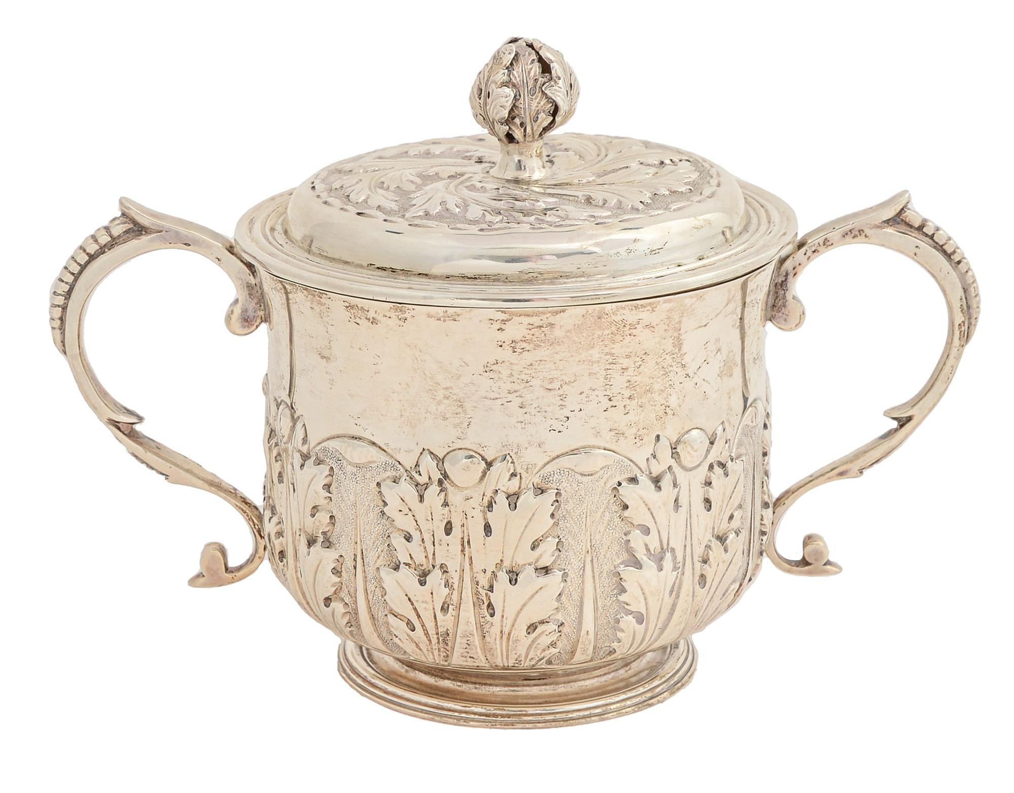 A George V silver William III replica porringer and cover, with beaded scroll handles and chased