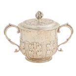 A George V silver William III replica porringer and cover, with beaded scroll handles and chased