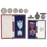 Two silver gilt and enamel masonic jewels, crown 1935 and other coins, WWI brass IMPERIAL SERVICE