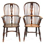 Two Victorian ash high back Windsor chairs, North Nottinghamshire, each with crinoline stretcher and